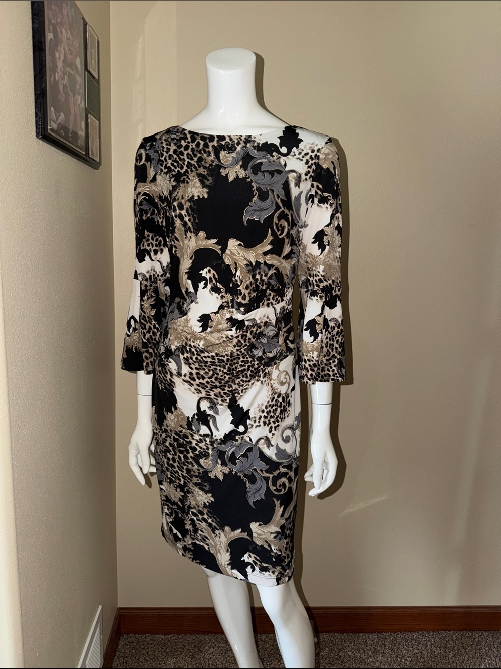 Frank Lyman, Neutral Animal & Baroque Print Sheath Dress - Black, Cream, Taupe